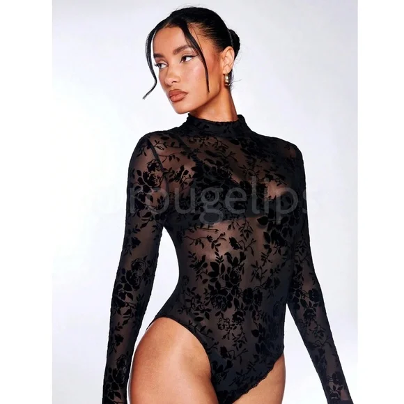 Black Mesh Lace Sheer Long Sleeve Bodysuit - Picture 2 of 14